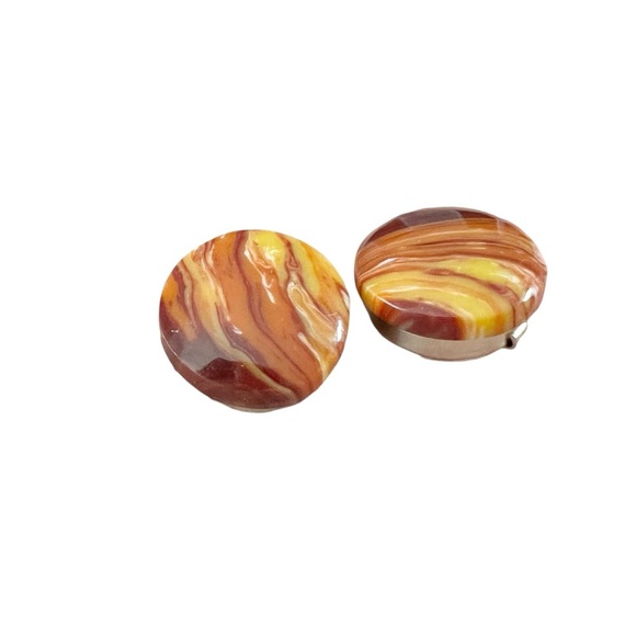 Handmade Round Orange Faux Agate Stone Button Covers & Pierced Earrings - Picture 8 of 9
